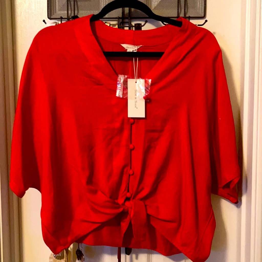 Red Tie Front Button Down Crop